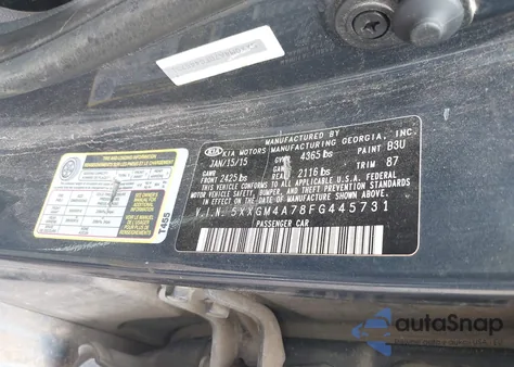 2015 Kia Optima Lx из США, поврежденный, VIN 5XXGM4A78FG445731